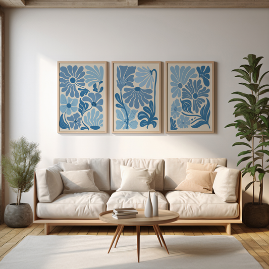 Set of 3 Blue Floral Wall Art