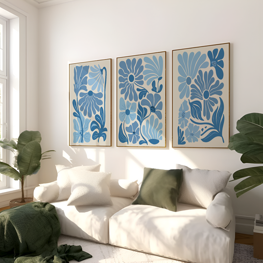 Set of 3 Blue Floral Wall Art